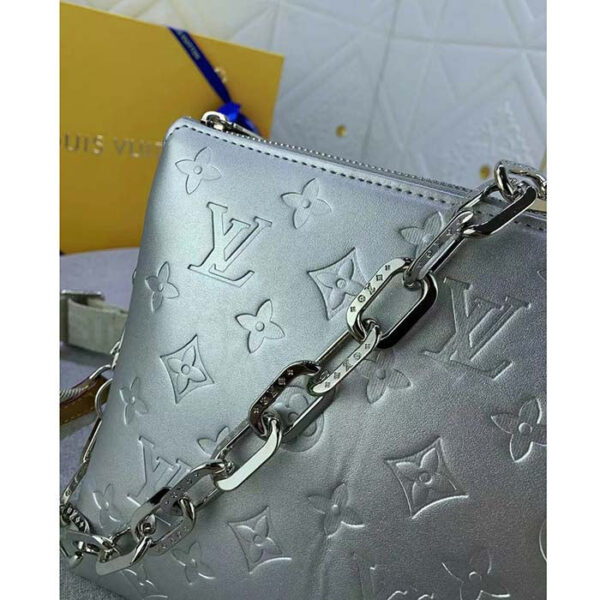 Louis Vuitton LV Women Coussin PM Handbag Silver Lambskin Cowhide Lining Zip Closure - Image 7