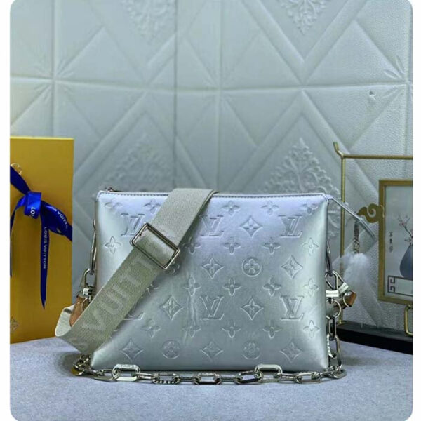 Louis Vuitton LV Women Coussin PM Handbag Silver Lambskin Cowhide Lining Zip Closure - Image 2