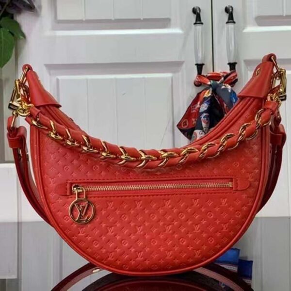 Louis Vuitton LV Women Loop Half-Moon Baguette Bag Red Calfskin Monogram Flowers - Image 2