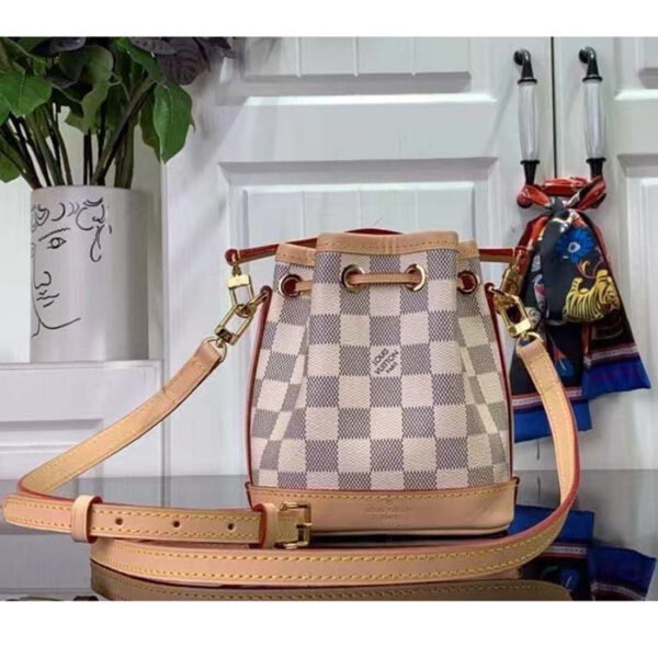 Louis Vuitton LV Women Nano Noé Bucket Bag Dragon Fruit Pink Damier Azur Coated Canvas - Image 4