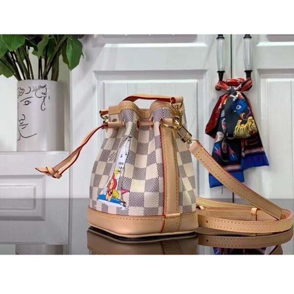 Louis Vuitton LV Women Nano Noé Bucket Bag Dragon Fruit Pink Damier Azur Coated Canvas - Image 3