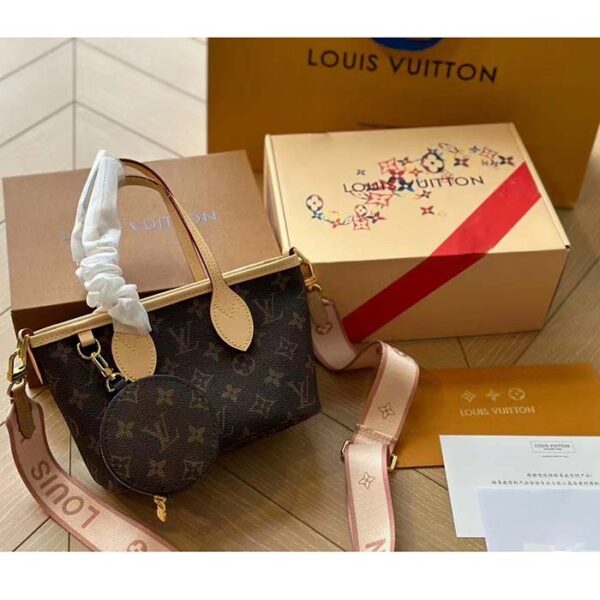 Louis Vuitton LV Women Neverfull BB Peony Pink Monogram Coated Canvas Natural Cowhide Leather - Image 5