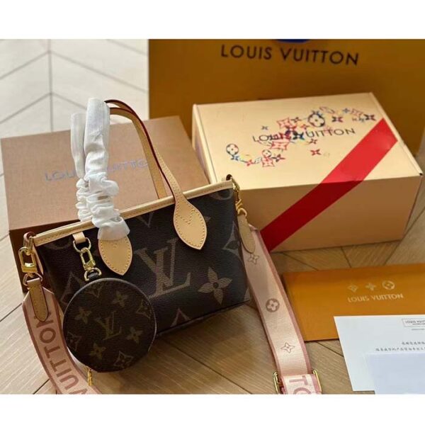 Louis Vuitton LV Women Neverfull BB Peony Pink Monogram Coated Canvas Natural Cowhide Leather - Image 4