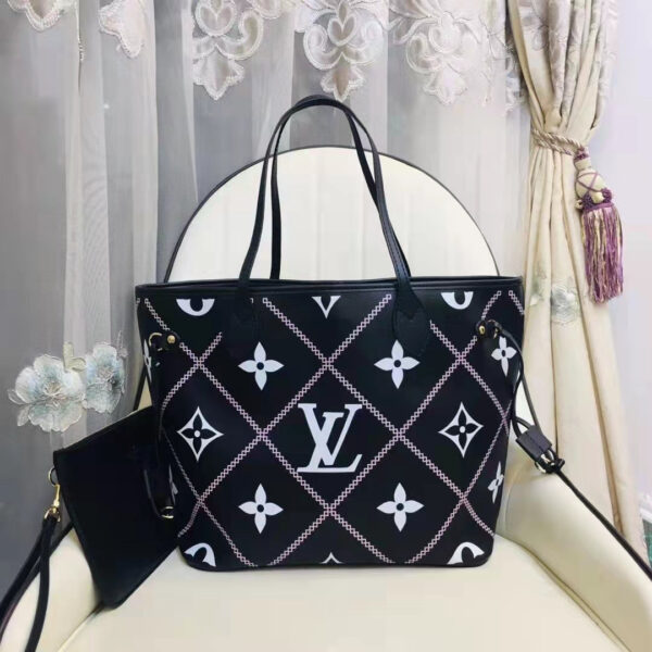 Louis Vuitton LV Women Neverfull MM Tote Black Pink Grained Cowhide Leather - Image 2