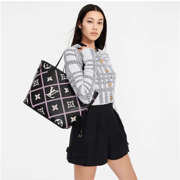 Louis Vuitton LV Women Neverfull MM Tote Black Pink Grained Cowhide Leather - Image 11