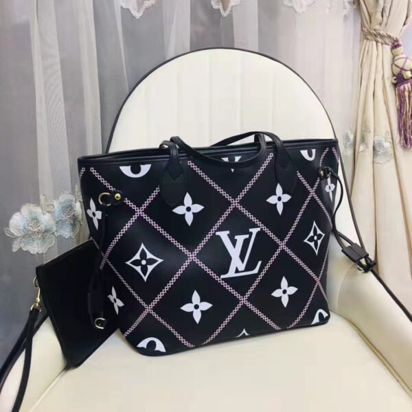 Louis Vuitton LV Women Neverfull MM Tote Black Pink Grained Cowhide Leather - Image 6