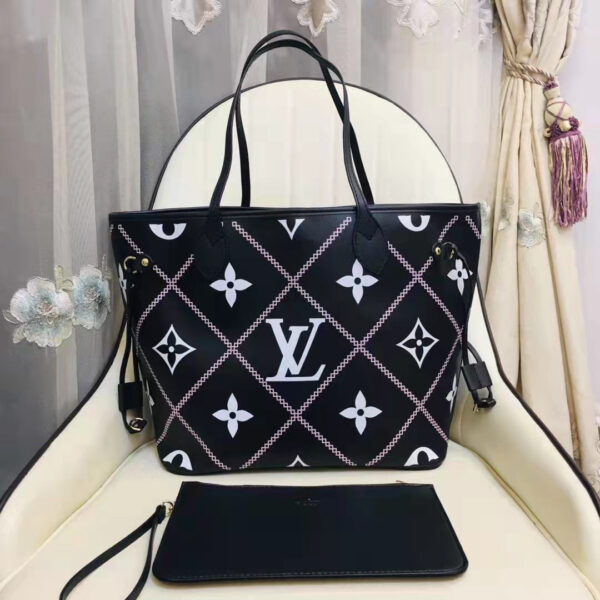 Louis Vuitton LV Women Neverfull MM Tote Black Pink Grained Cowhide Leather - Image 3