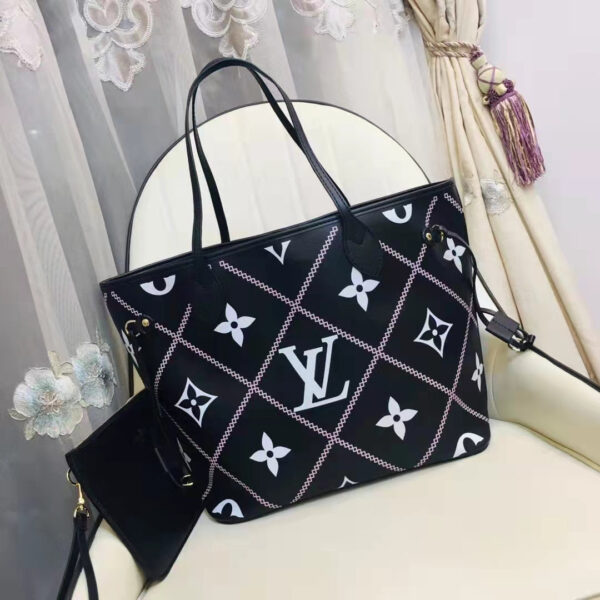 Louis Vuitton LV Women Neverfull MM Tote Black Pink Grained Cowhide Leather - Image 4