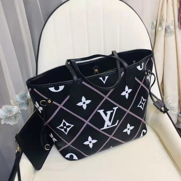 Louis Vuitton LV Women Neverfull MM Tote Black Pink Grained Cowhide Leather - Image 7