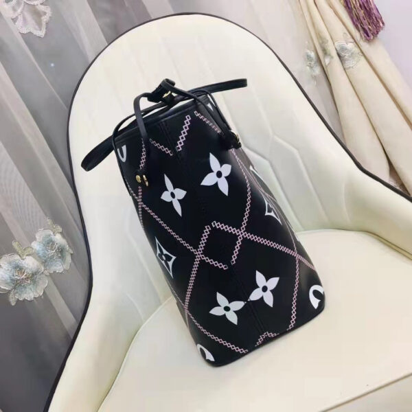 Louis Vuitton LV Women Neverfull MM Tote Black Pink Grained Cowhide Leather - Image 9