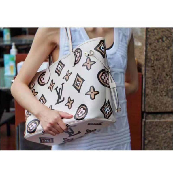 Louis Vuitton LV Women Neverfull MM Tote Cream Monogram Coated Canvas Cowhide Leather - Image 6
