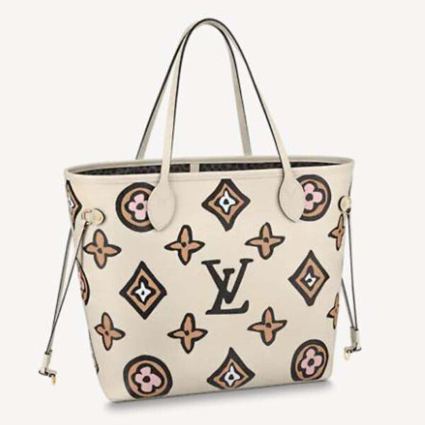 Louis Vuitton LV Women Neverfull MM Tote Cream Monogram Coated Canvas Cowhide Leather - Image 2