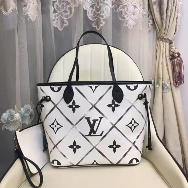 Louis Vuitton LV Women Neverfull MM Tote Crème Beige Grained Cowhide Leather - Image 2