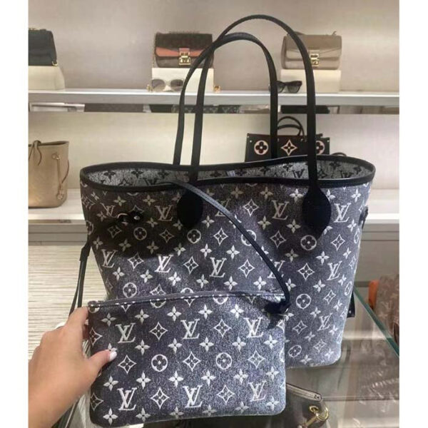 Louis Vuitton LV Women Neverfull MM Tote Gray Denim Textile Jacquard - Image 5
