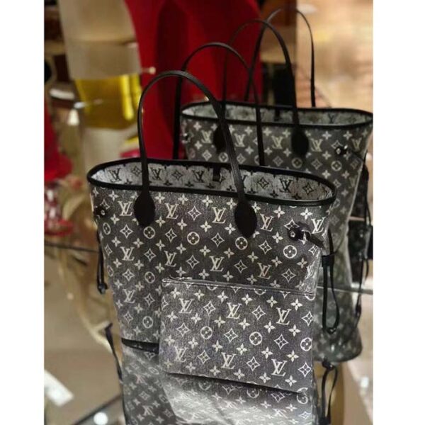 Louis Vuitton LV Women Neverfull MM Tote Gray Denim Textile Jacquard - Image 2