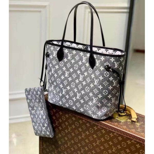 Louis Vuitton LV Women Neverfull MM Tote Gray Denim Textile Jacquard - Image 3