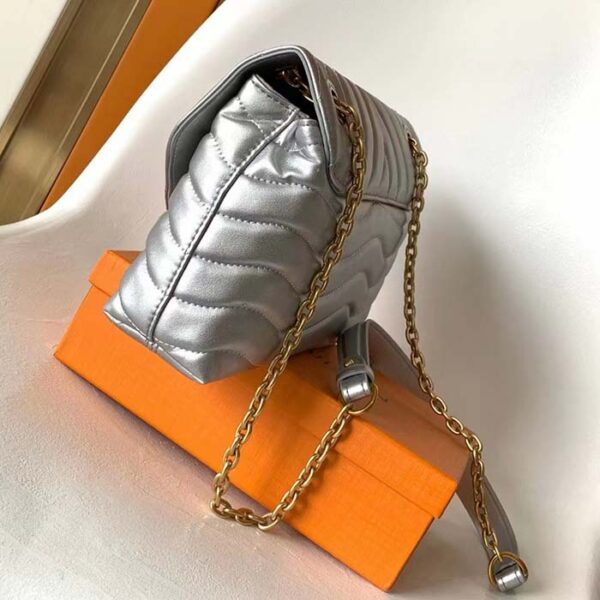 Louis Vuitton LV Women New Wave Chain Bag MM Metallic Gray Quilted Cowhide Leather - Image 4