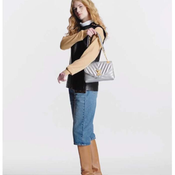 Louis Vuitton LV Women New Wave Chain Bag MM Metallic Gray Quilted Cowhide Leather - Image 11