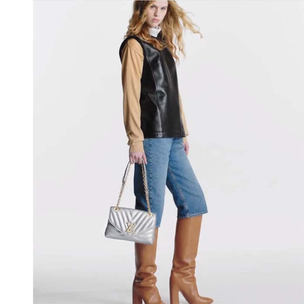 Louis Vuitton LV Women New Wave Chain Bag MM Metallic Gray Quilted Cowhide Leather - Image 12