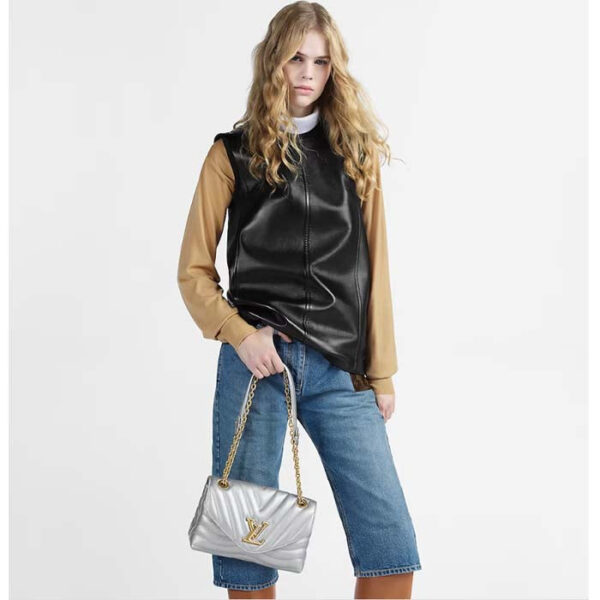 Louis Vuitton LV Women New Wave Chain Bag MM Metallic Gray Quilted Cowhide Leather - Image 13