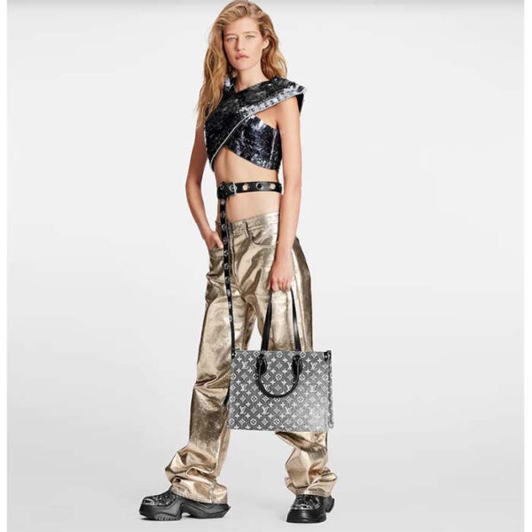 Louis Vuitton LV Women OnTheGo MM Tote Gray Denim Textile Jacquard - Image 14
