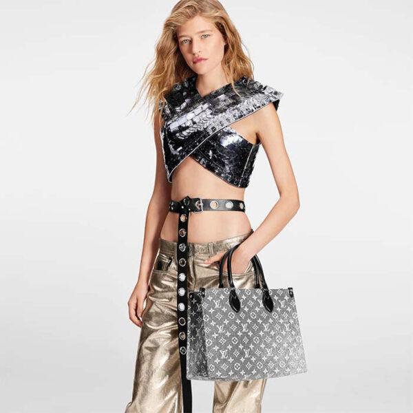 Louis Vuitton LV Women OnTheGo MM Tote Gray Denim Textile Jacquard - Image 15
