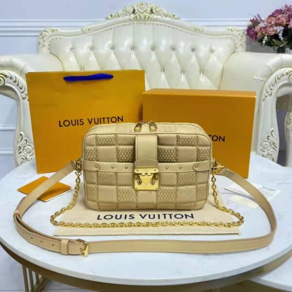 Louis Vuitton LV Women Pochette Troca Handbag Cashmere Beige Damier Quilt Lamb Leather - Image 3