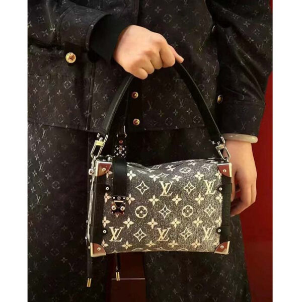 Louis Vuitton LV Women Side Trunk Handbag Gray Denim Textile Jacquard - Image 11
