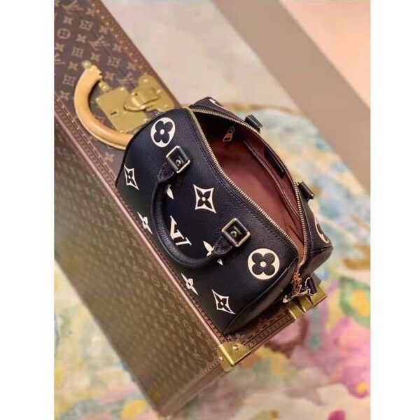 Louis Vuitton LV Women Speedy Bandoulière 25 Handbag Black Beige Embossed Grained Cowhide - Image 4