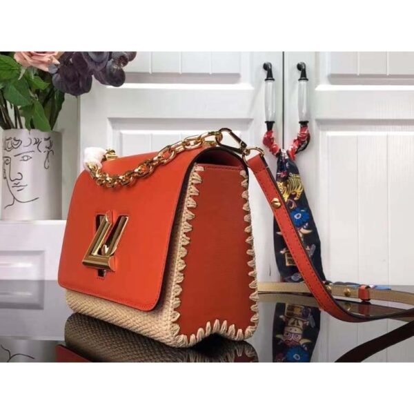 Louis Vuitton LV Women Twist MM Handbag Orange Raffia Smooth Cowhide Leather - Image 5