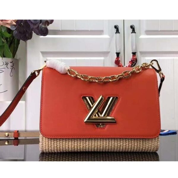 Louis Vuitton LV Women Twist MM Handbag Orange Raffia Smooth Cowhide Leather - Image 2
