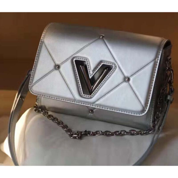Louis Vuitton LV Women Twist PM Handbag Silver Argent Sheepskin Calfskin Leather - Image 4