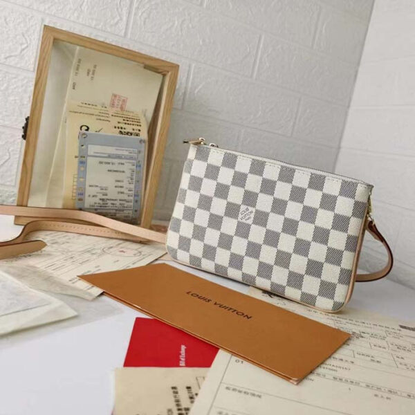 Louis Vuitton Unisex LV Double Zip Pochette Damier Azur Coated Canvas Cowhide Leather - Image 3