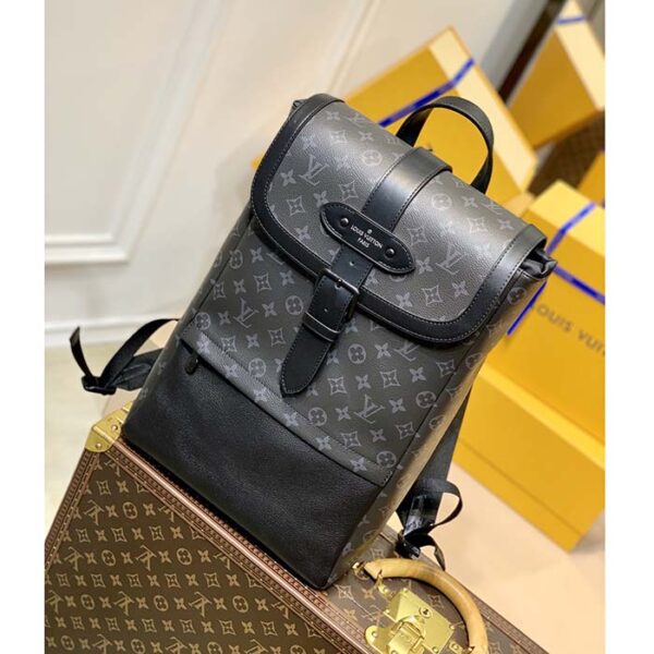 Louis Vuitton Unisex Saumur Backpack Monogram Eclipse Coated Canvas Black Cowhide Leather - Image 2