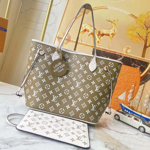 Louis Vuitton Women LV Neverfull MM Carryall Tote Bag Printed Embossed Grained Cowhide - Image 2