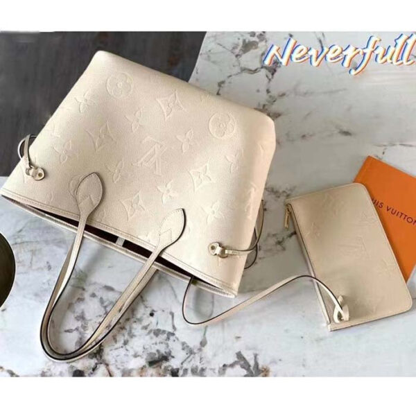 Louis Vuitton Women LV Neverfull MM Carryall Tote Crème Beige Embossed Grained Cowhide - Image 5