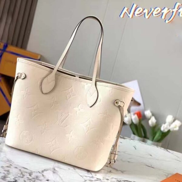 Louis Vuitton Women LV Neverfull MM Carryall Tote Crème Beige Embossed Grained Cowhide - Image 2