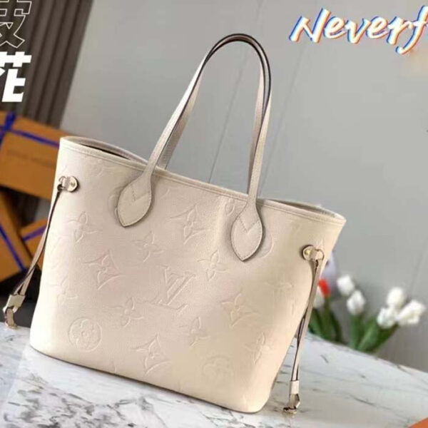 Louis Vuitton Women LV Neverfull MM Carryall Tote Crème Beige Embossed Grained Cowhide - Image 3