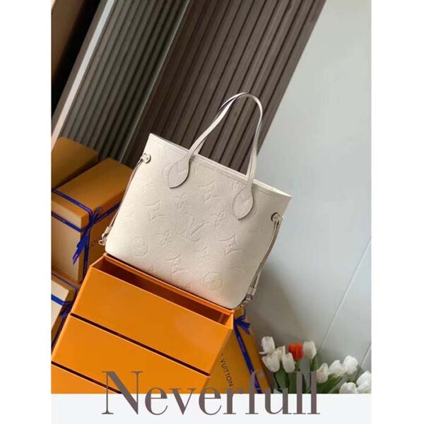 Louis Vuitton Women LV Neverfull MM Carryall Tote Crème Beige Embossed Grained Cowhide - Image 7