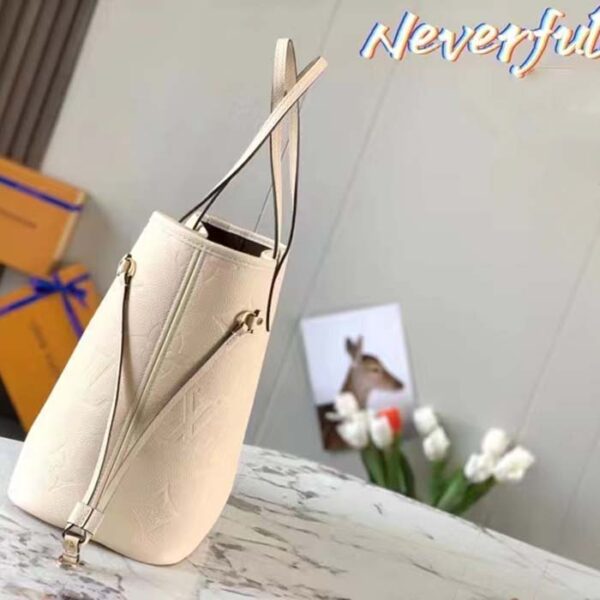 Louis Vuitton Women LV Neverfull MM Carryall Tote Crème Beige Embossed Grained Cowhide - Image 4