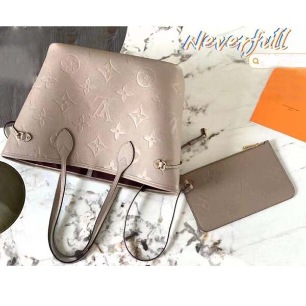 Louis Vuitton Women LV Neverfull MM Carryall Tote Tourterelle Gray Embossed Grained Cowhide - Image 6