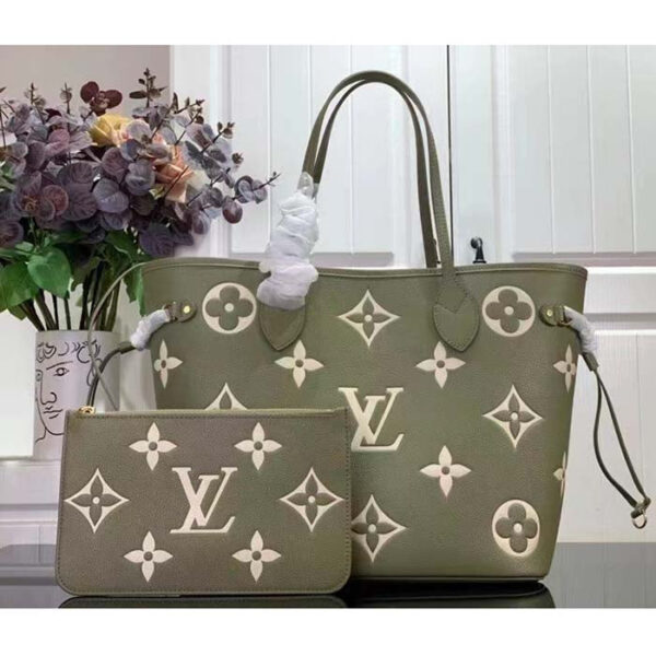 Louis Vuitton Women LV Neverfull MM Light Khaki Cream Monogram Empreinte Embossed Grained Cowhide Leather - Image 3