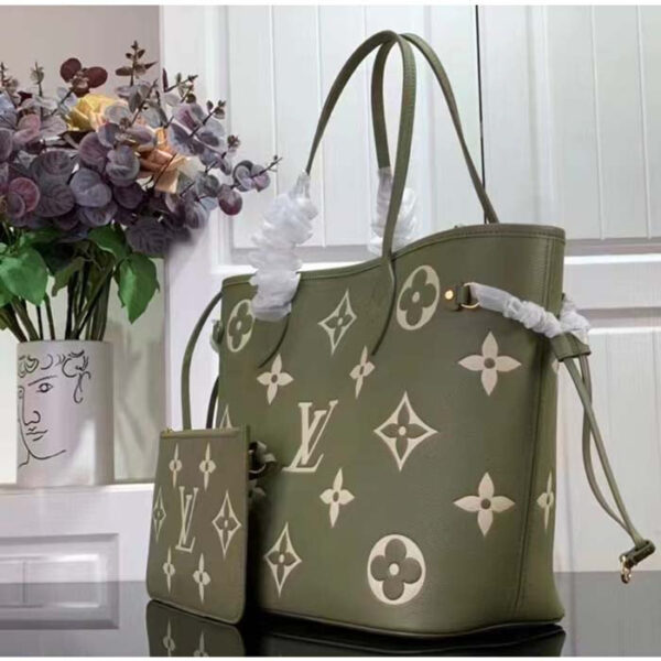 Louis Vuitton Women LV Neverfull MM Light Khaki Cream Monogram Empreinte Embossed Grained Cowhide Leather - Image 4