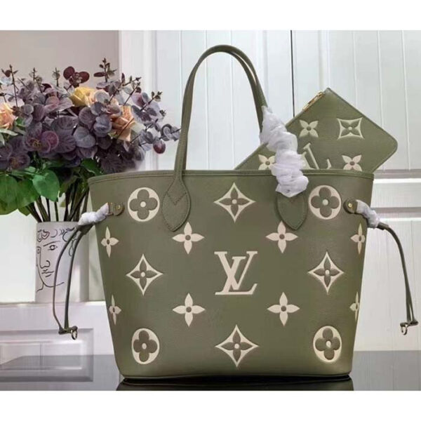 Louis Vuitton Women LV Neverfull MM Light Khaki Cream Monogram Empreinte Embossed Grained Cowhide Leather - Image 2