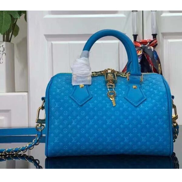 Louis Vuitton Women LV Speedy Bandouliere 20 Handbag Blue Calfskin Double Zip - Image 3