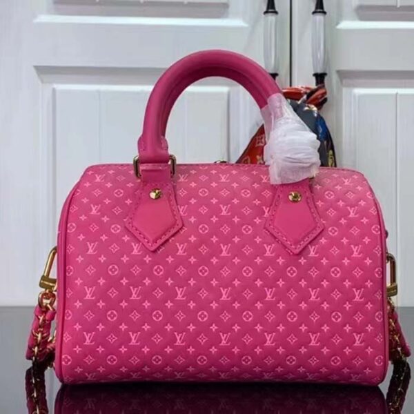 Louis Vuitton Women LV Speedy Bandouliere 20 Handbag Rose Calfskin Double Zip - Image 3