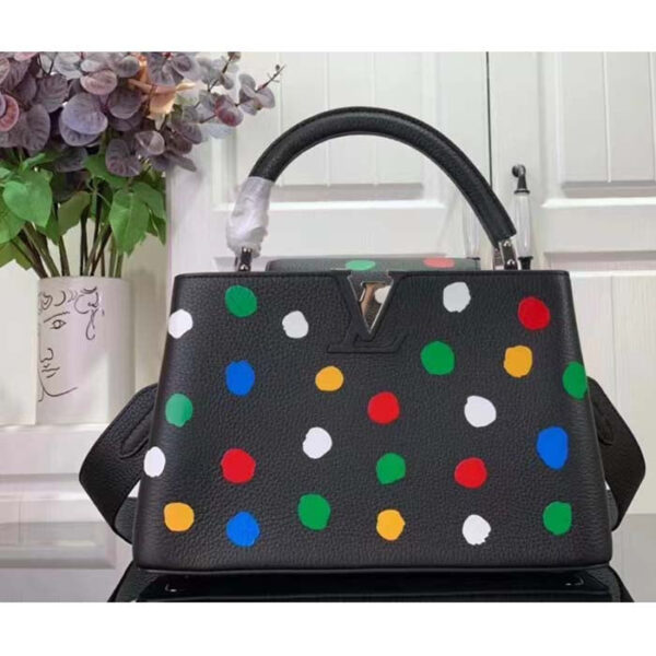 Louis Vuitton Women LV x YK Capucines MM Black Taurillon Bull Calf Leather 3D Painted Dots Print - Image 2