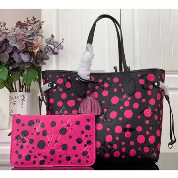 Louis Vuitton Women LV x YK Neverfull MM Black Fuchsia Embossed Grained Monogram Empreinte Cowhide - Image 2