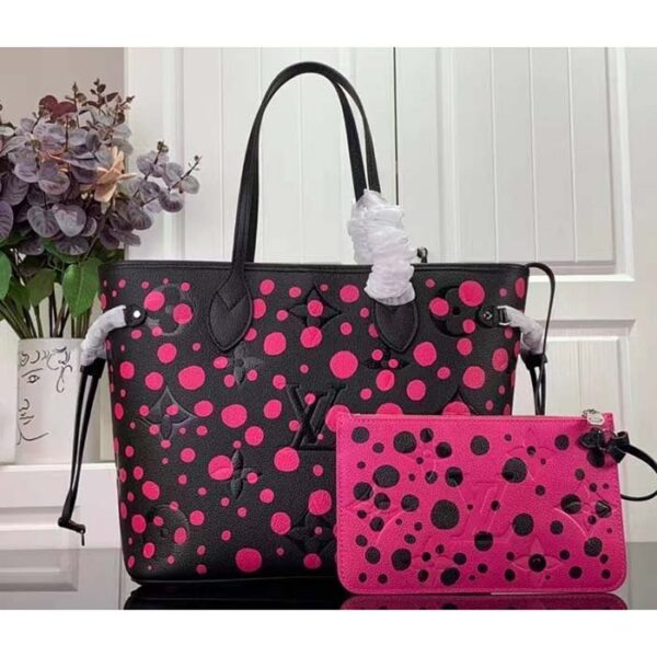 Louis Vuitton Women LV x YK Neverfull MM Black Fuchsia Embossed Grained Monogram Empreinte Cowhide - Image 3