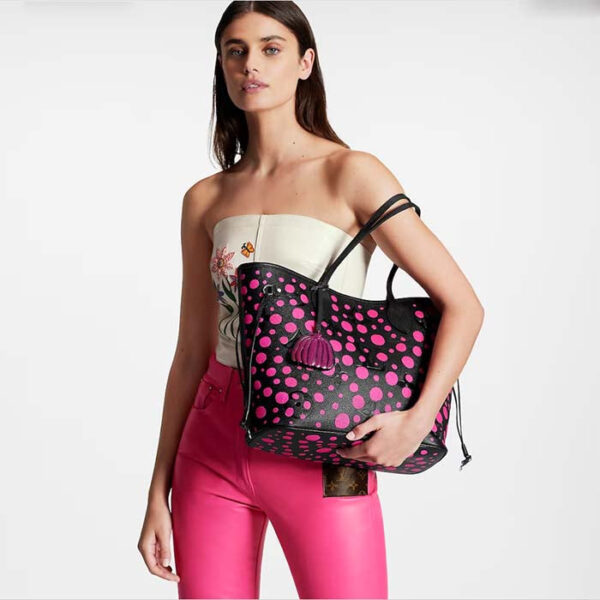 Louis Vuitton Women LV x YK Neverfull MM Black Fuchsia Embossed Grained Monogram Empreinte Cowhide - Image 12